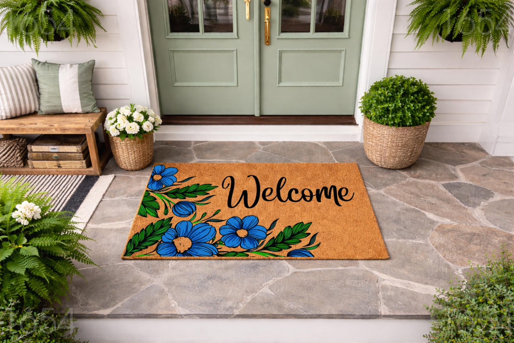 Welcome Floral Flowers Front Porch Doormat, Housewarming And New Home Gift