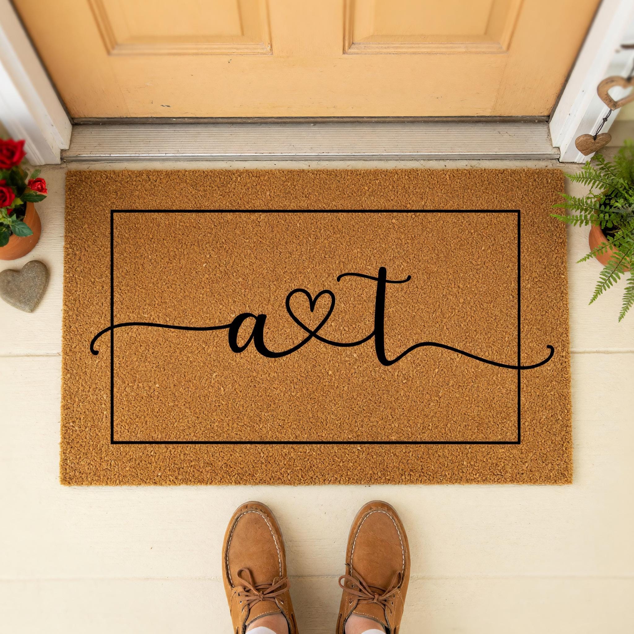 Initials Welcome Doormat, A And T, Housewarming Gift, Front Porch, Home