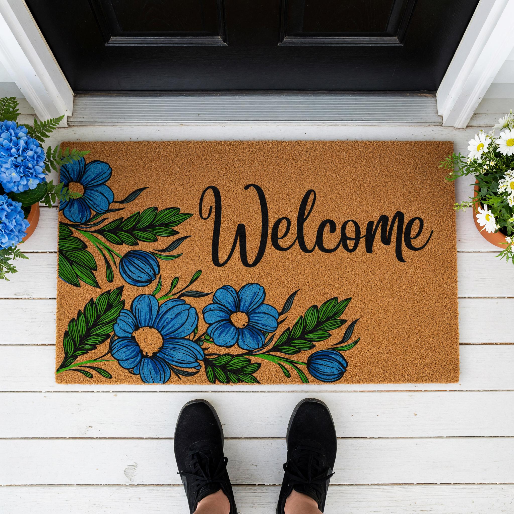 Welcome Floral Flowers Front Porch Doormat, Housewarming And New Home Gift