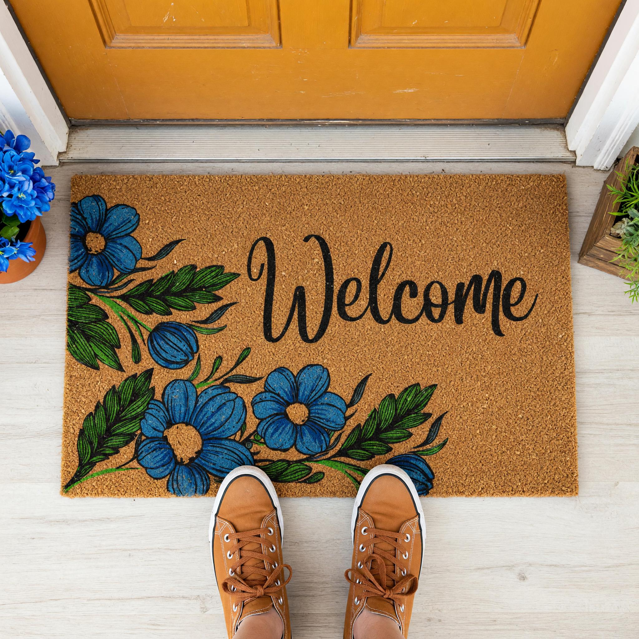 Welcome Floral Flowers Front Porch Doormat, Housewarming And New Home Gift