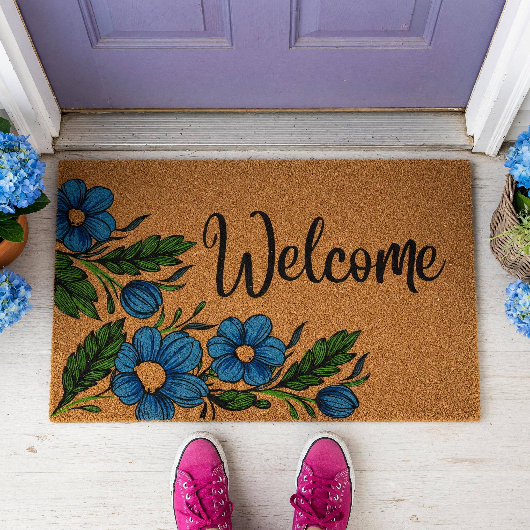 Welcome Floral Flowers Front Porch Doormat, Housewarming And New Home Gift