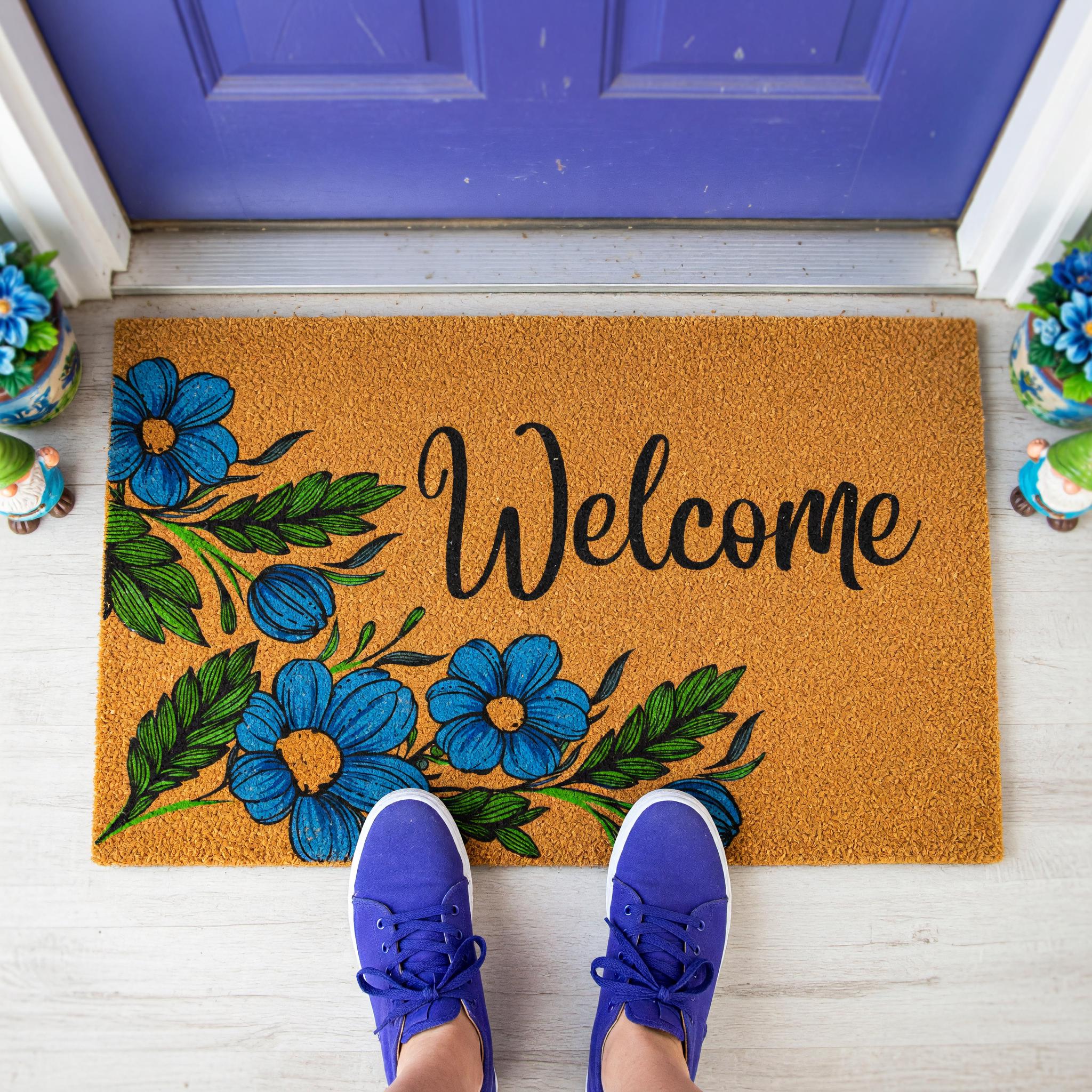 Welcome Floral Flowers Front Porch Doormat, Housewarming And New Home Gift