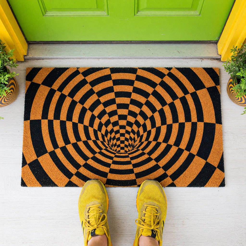 Optical Illusion Doormat, 3D Vortex Welcome, Checkered Tunnel Geometric Abstract Front Porch