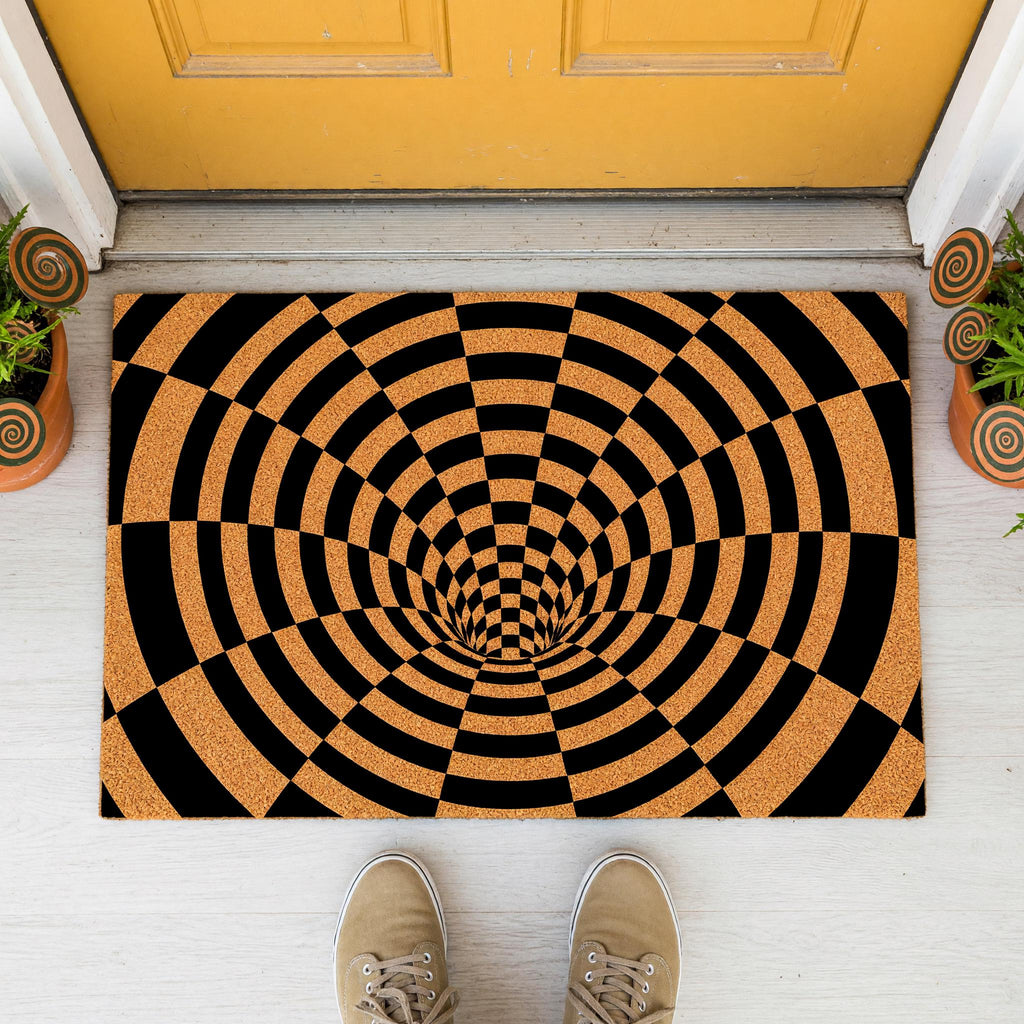 Optical Illusion Doormat, 3D Vortex Welcome, Checkered Tunnel Geometric Abstract Front Porch