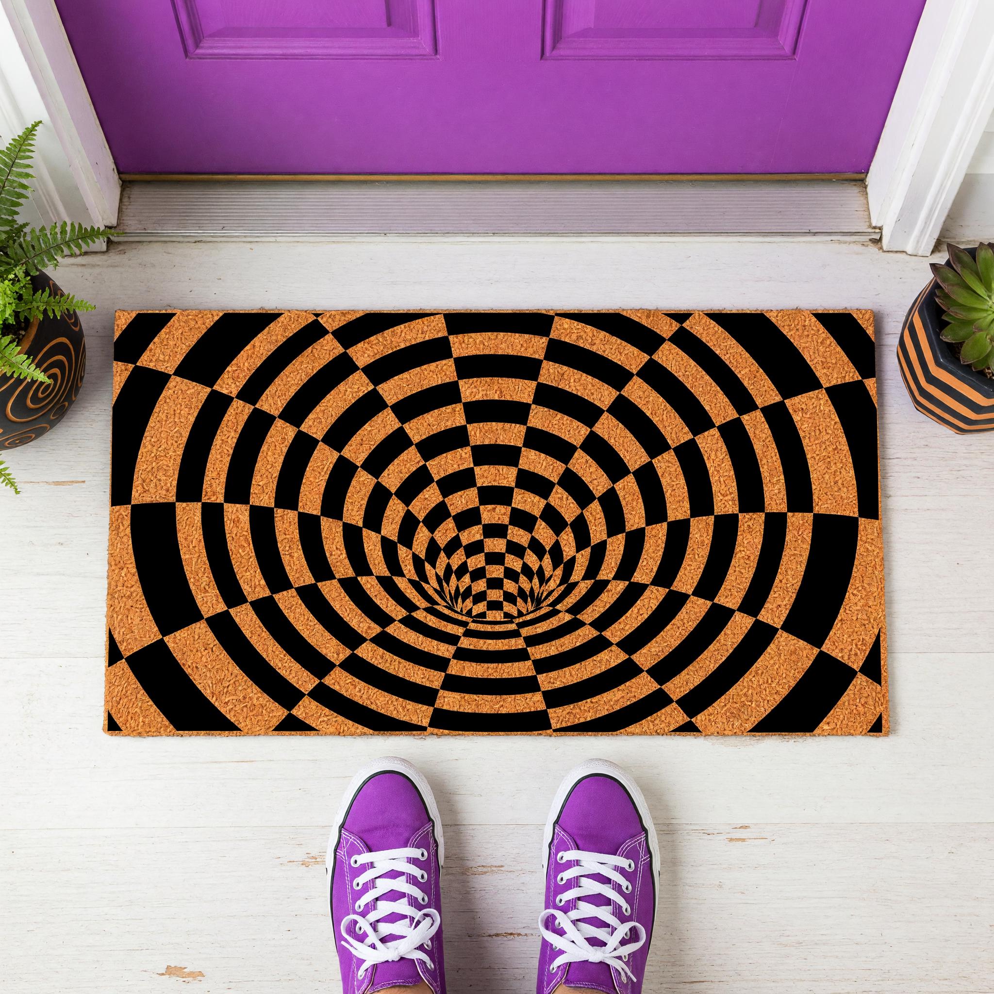 Optical Illusion Doormat, 3D Vortex Welcome, Checkered Tunnel Geometric Abstract Front Porch