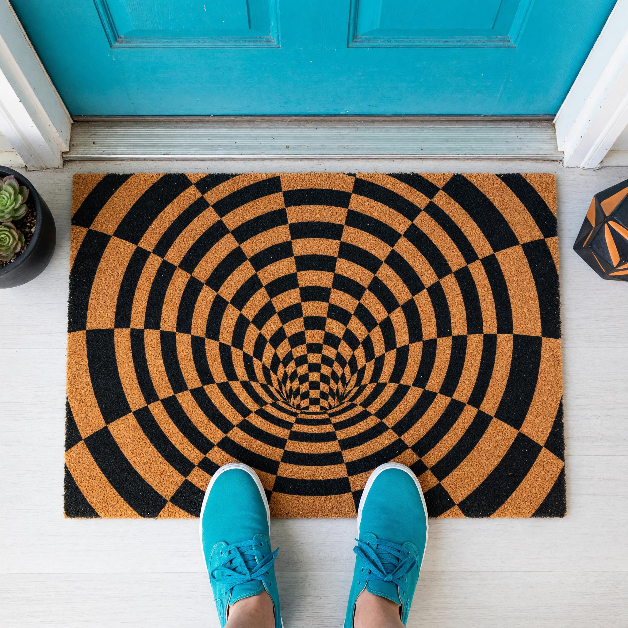 Optical Illusion Doormat, 3D Vortex Welcome, Checkered Tunnel Geometric Abstract Front Porch