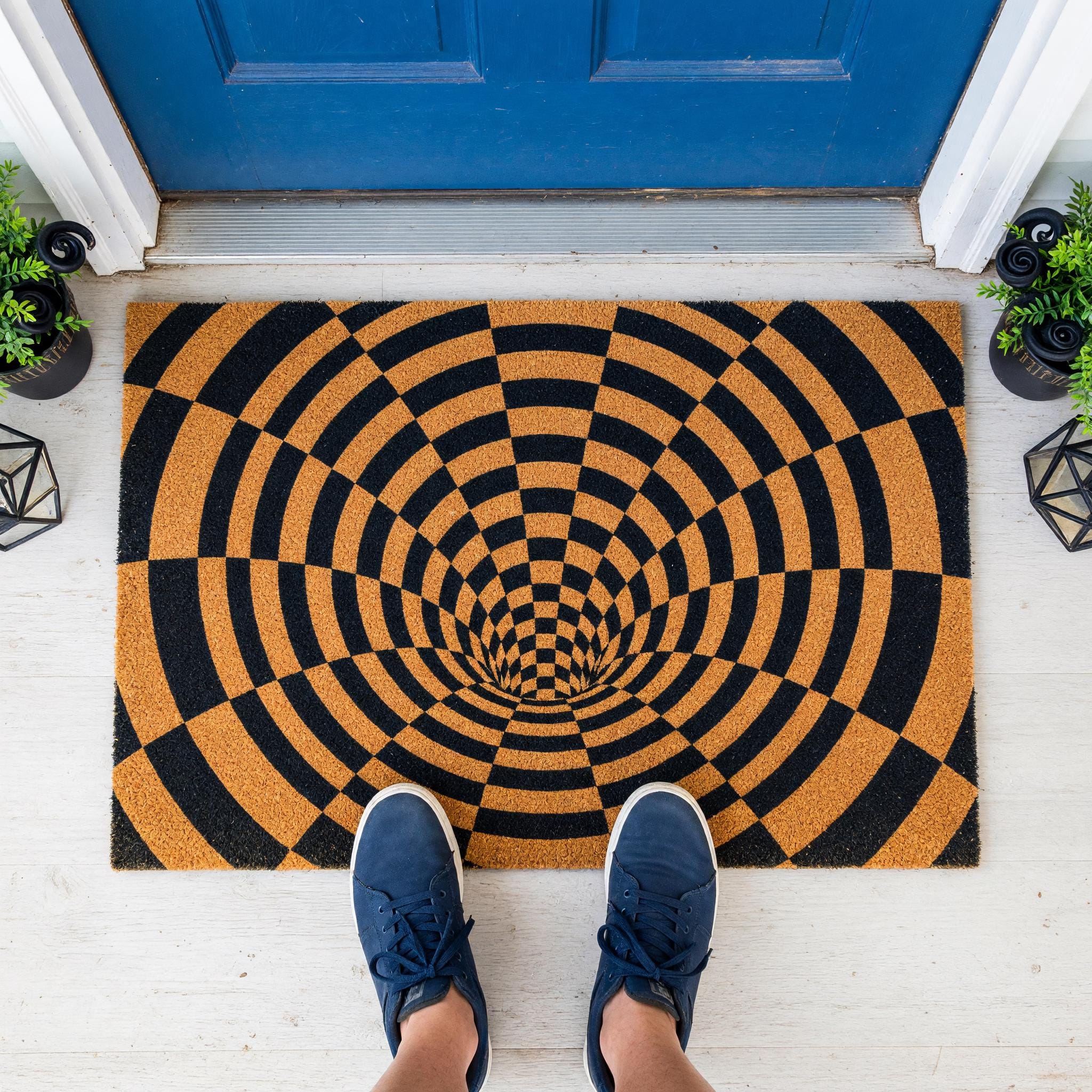 Optical Illusion Doormat, 3D Vortex Welcome, Checkered Tunnel Geometric Abstract Front Porch