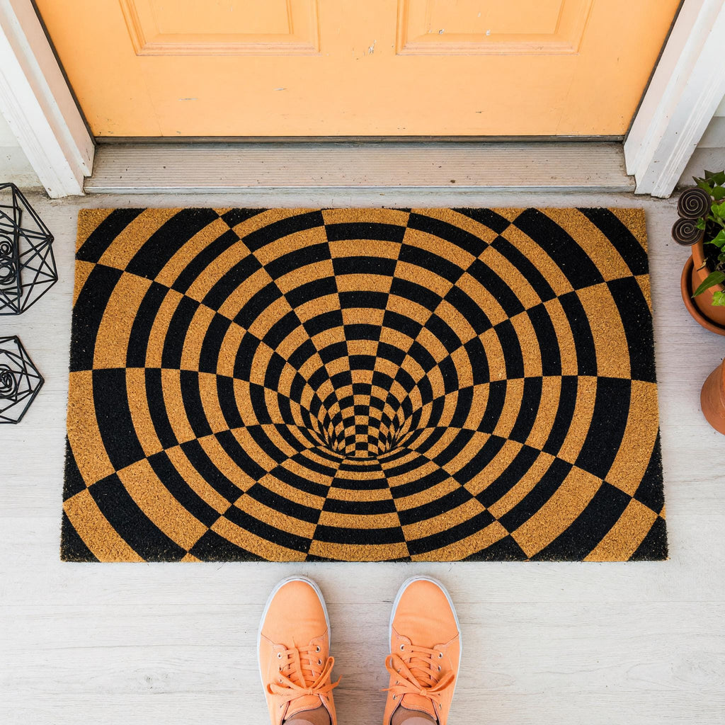 Optical Illusion Doormat, 3D Vortex Welcome, Checkered Tunnel Geometric Abstract Front Porch
