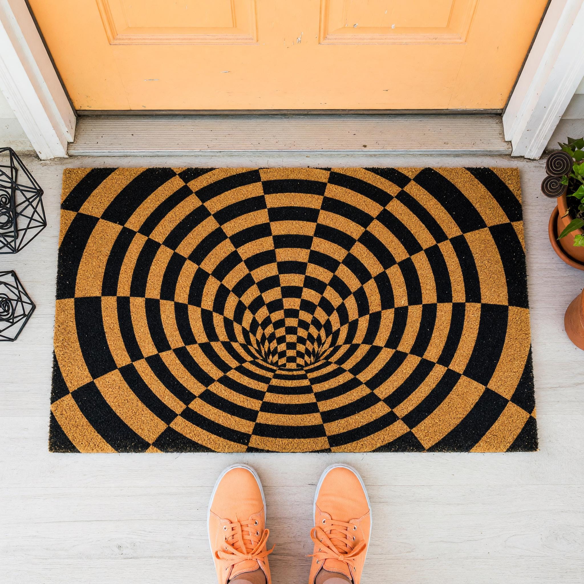 Optical Illusion Doormat, 3D Vortex Welcome, Checkered Tunnel Geometric Abstract Front Porch