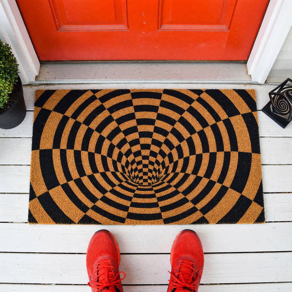 Optical Illusion Doormat, 3D Vortex Welcome, Checkered Tunnel Geometric Abstract Front Porch