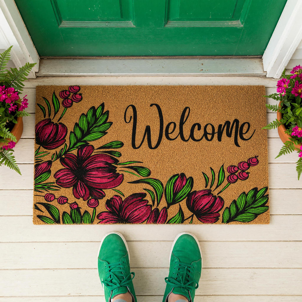 Welcome Doormat, Floral Front Porch Mat, Spring Housewarming Gift