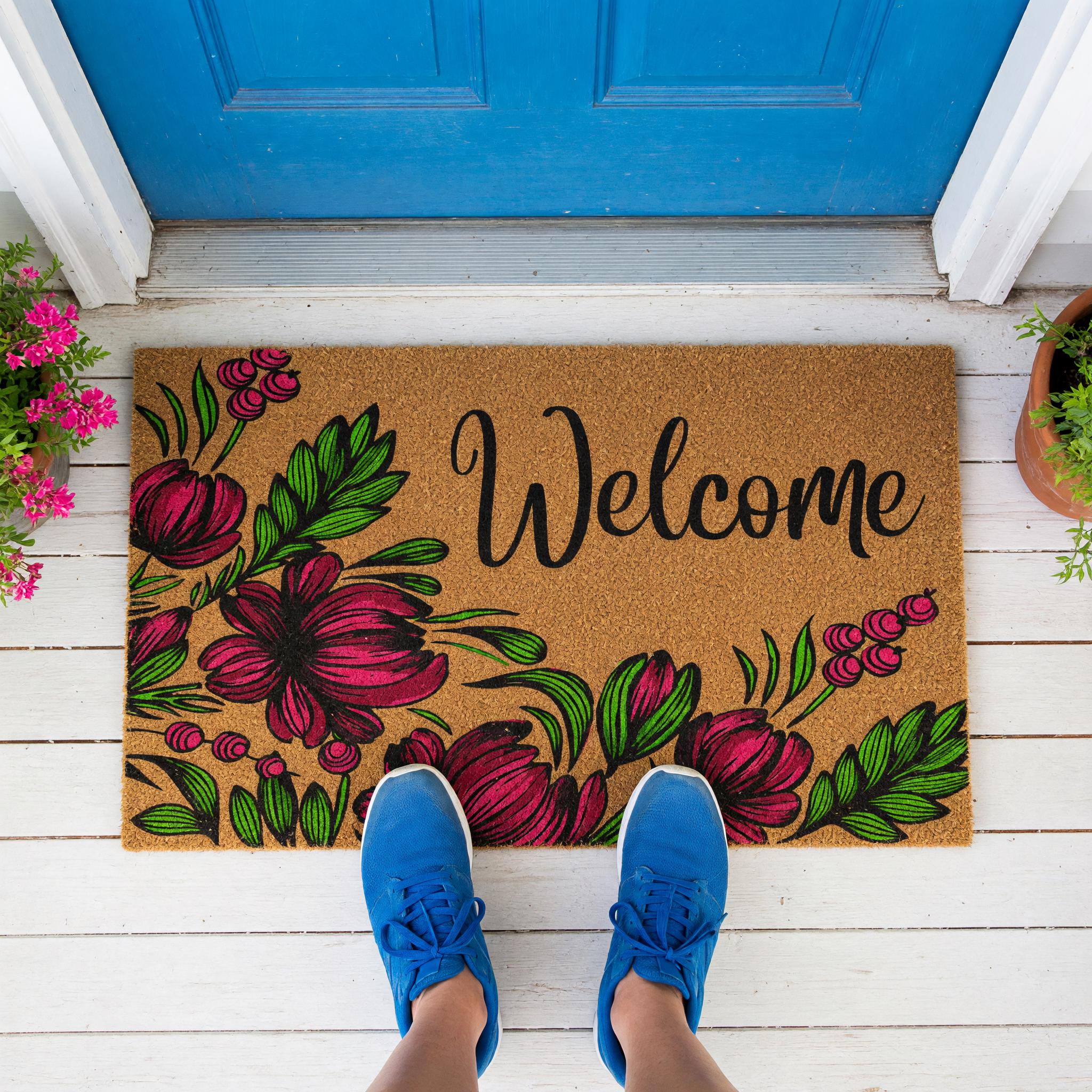 Welcome Doormat, Floral Front Porch Mat, Spring Housewarming Gift