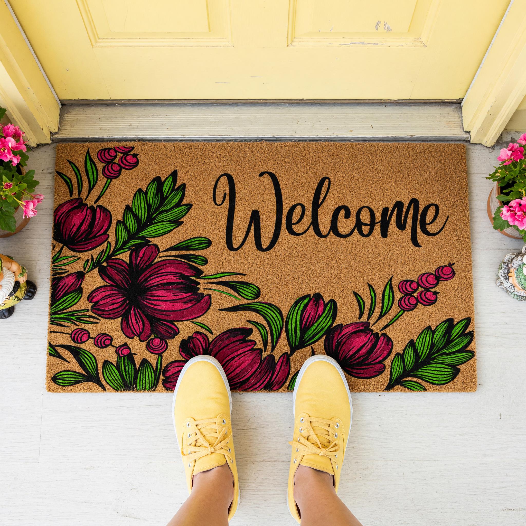 Welcome Doormat, Floral Front Porch Mat, Spring Housewarming Gift