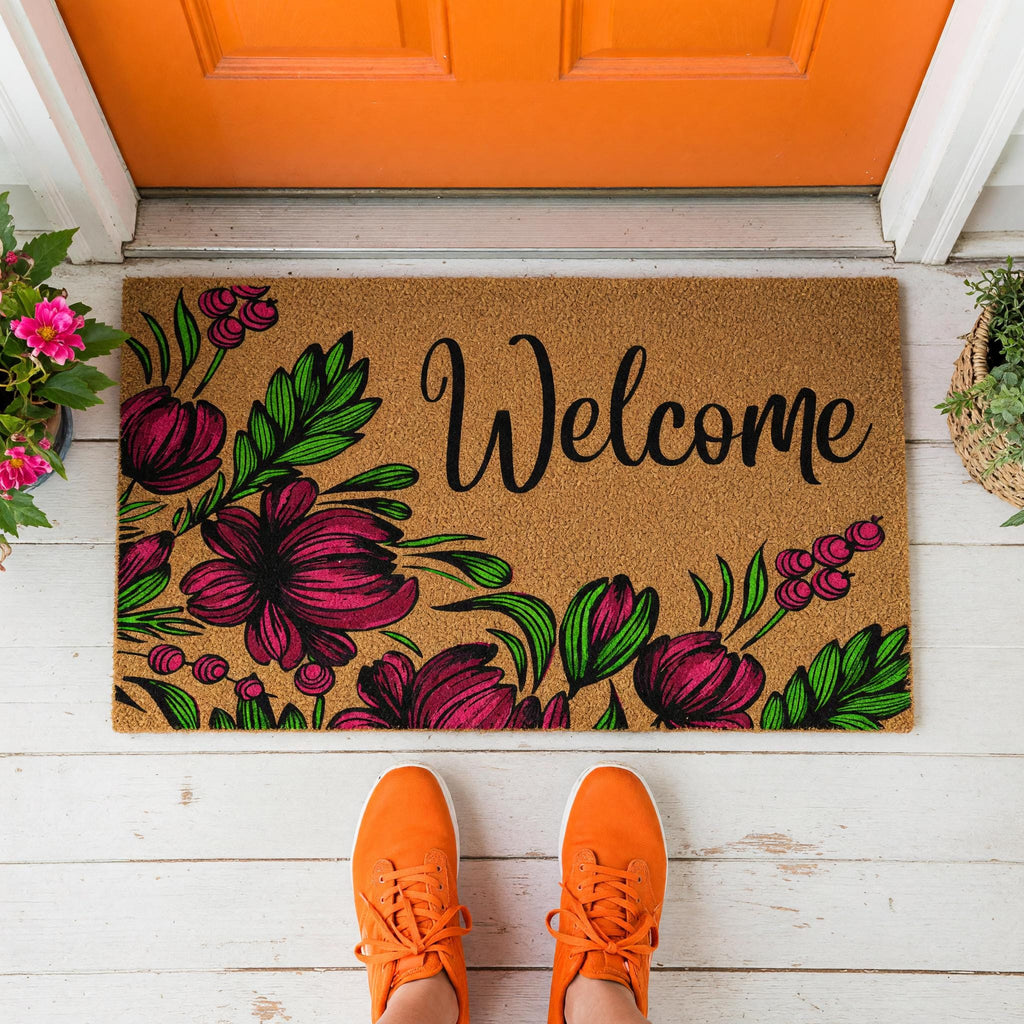 Welcome Doormat, Floral Front Porch Mat, Spring Housewarming Gift