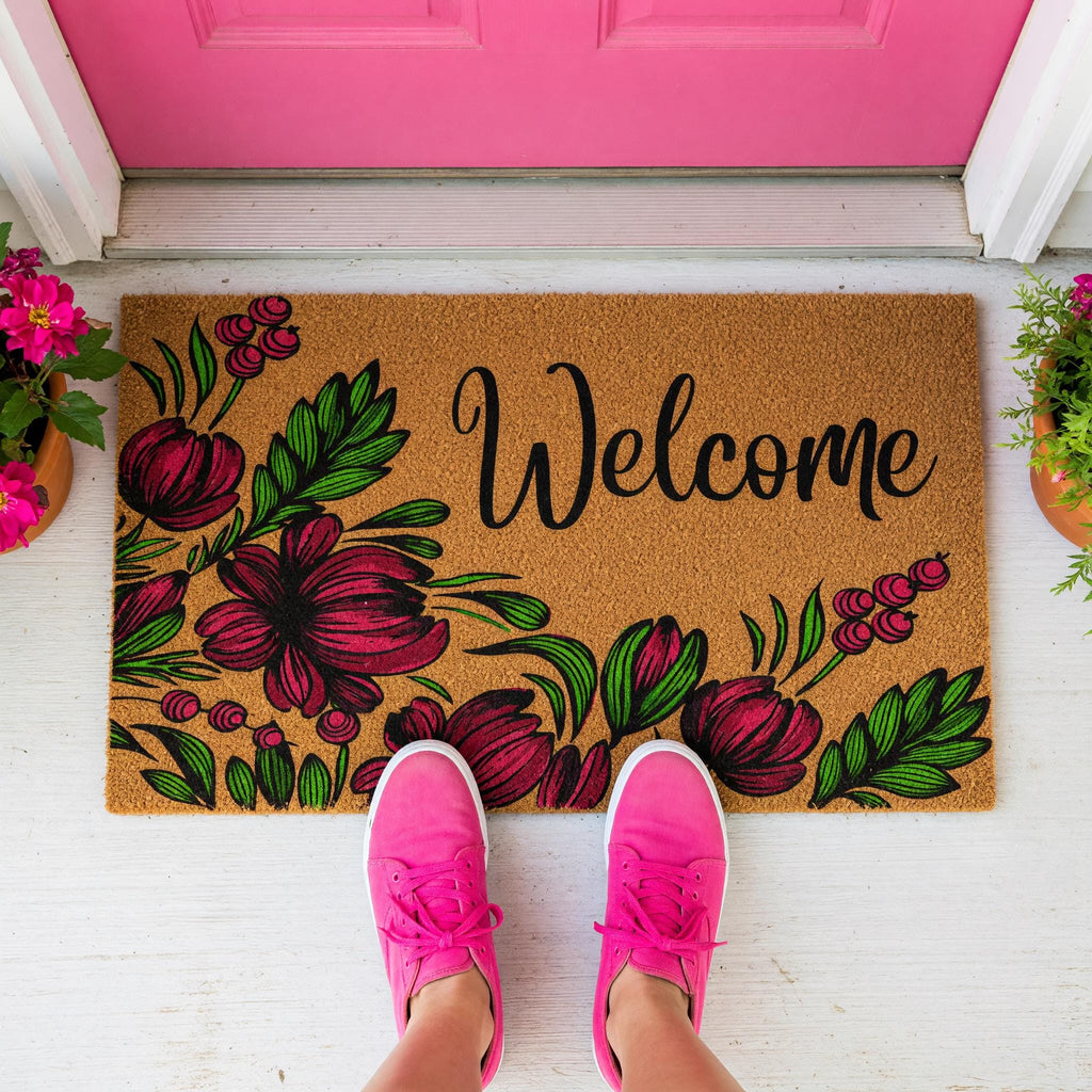 Welcome Doormat, Floral Front Porch Mat, Spring Housewarming Gift