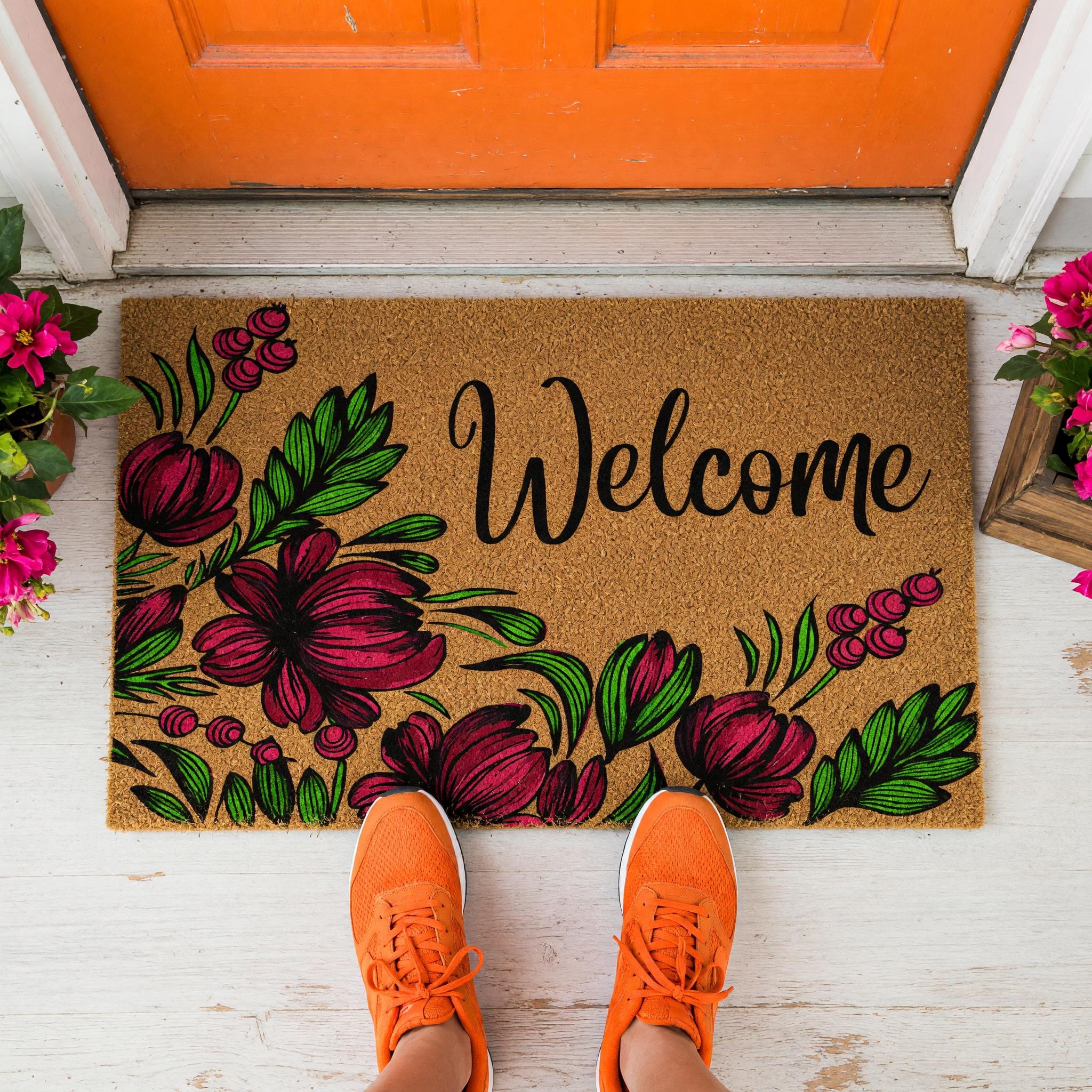 Welcome Doormat, Floral Front Porch Mat, Spring Housewarming Gift