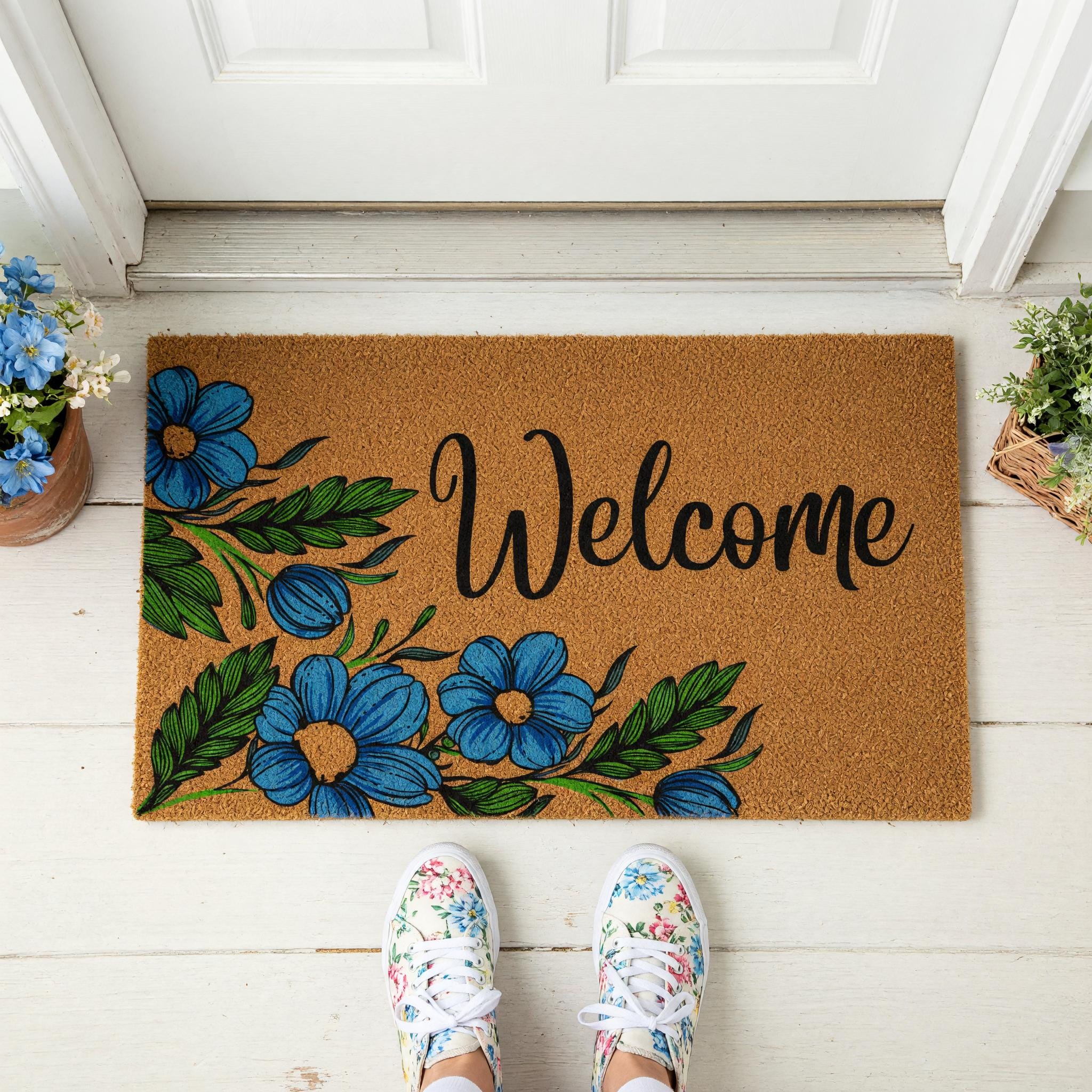 Welcome Floral Flowers Front Porch Doormat, Housewarming And New Home Gift