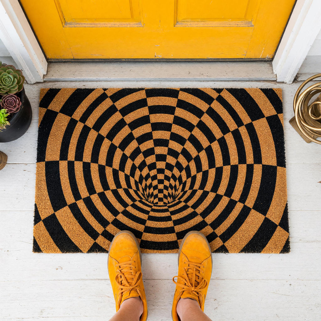 Optical Illusion Doormat, 3D Vortex Welcome, Checkered Tunnel Geometric Abstract Front Porch