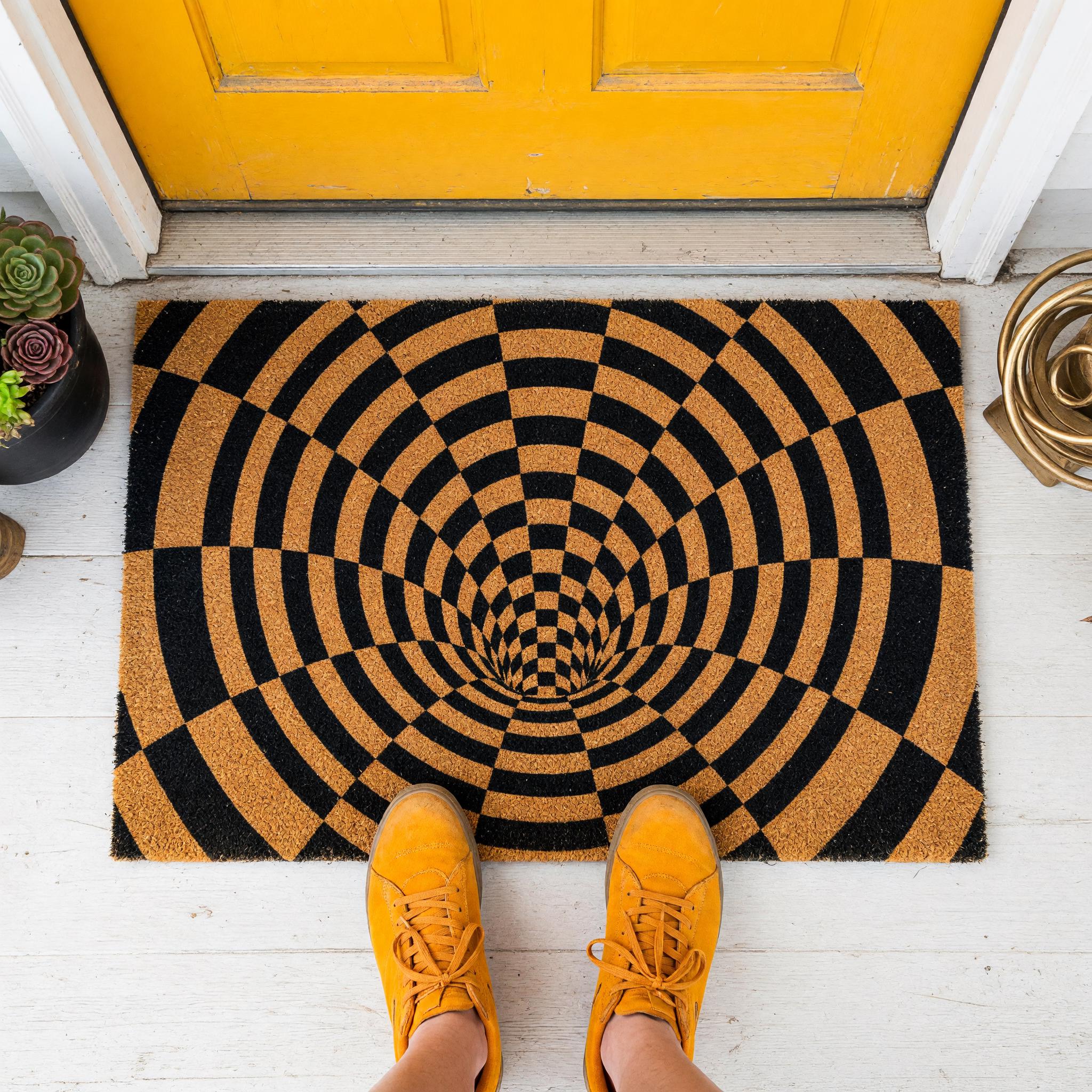 Optical Illusion Doormat, 3D Vortex Welcome, Checkered Tunnel Geometric Abstract Front Porch