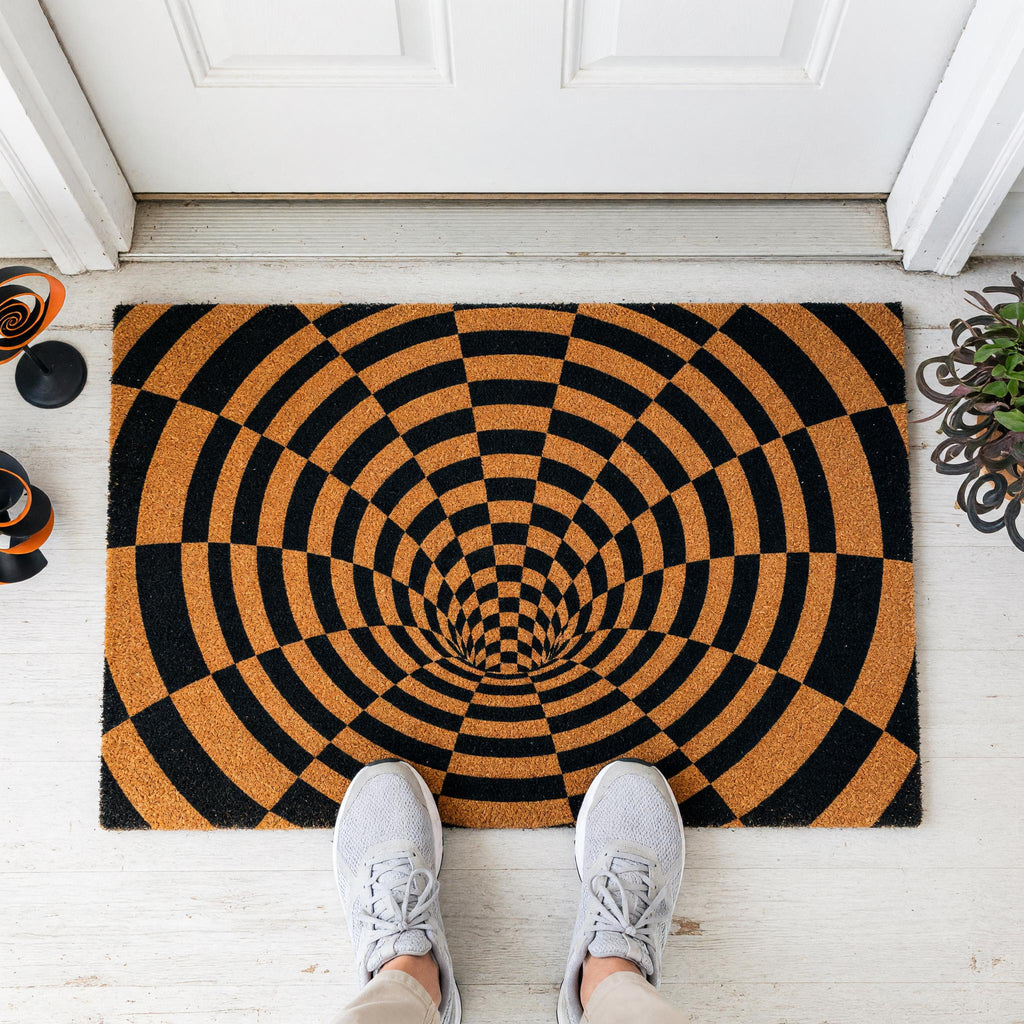 Optical Illusion Doormat, 3D Vortex Welcome, Checkered Tunnel Geometric Abstract Front Porch