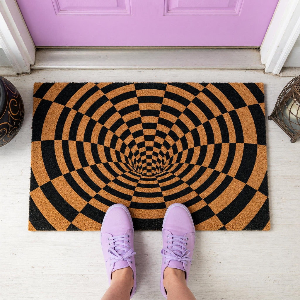 Optical Illusion Doormat, 3D Vortex Welcome, Checkered Tunnel Geometric Abstract Front Porch