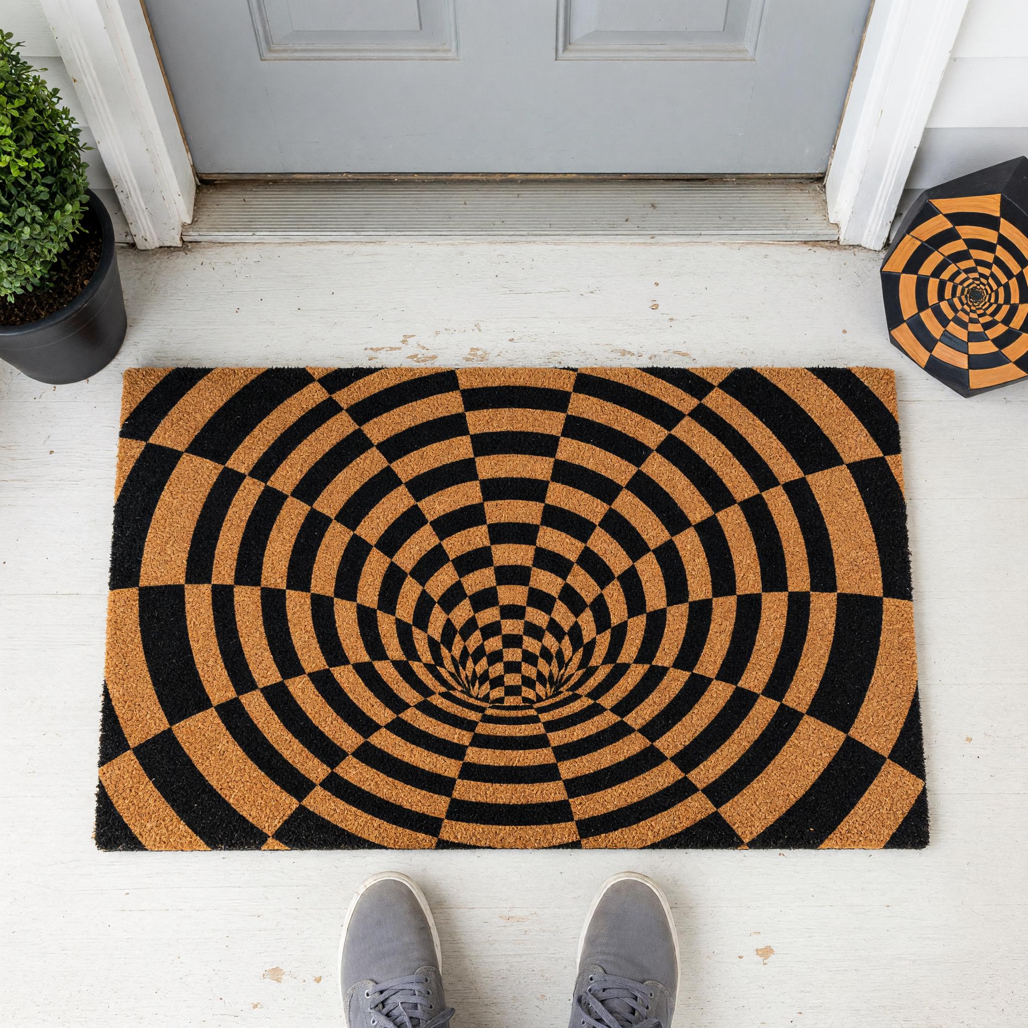 Optical Illusion Doormat, 3D Vortex Welcome, Checkered Tunnel Geometric Abstract Front Porch