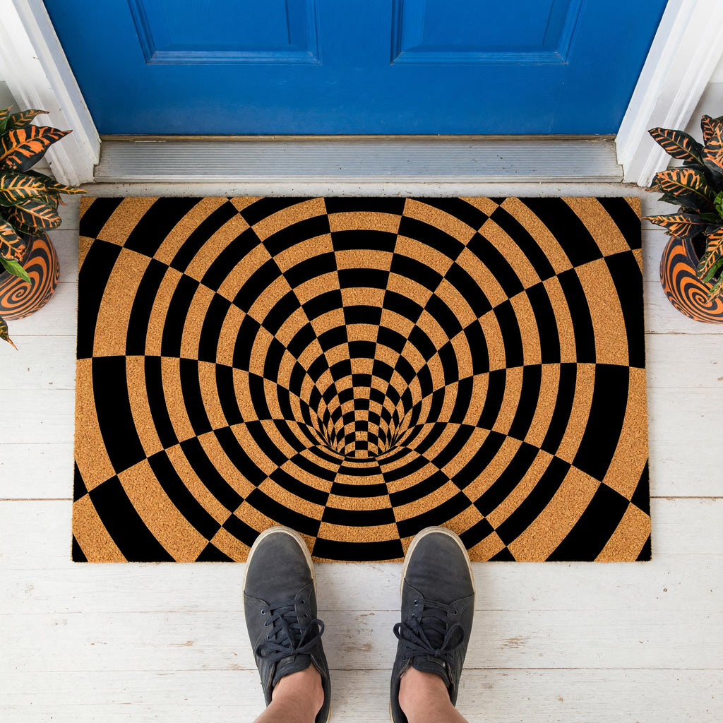 Optical Illusion Doormat, 3D Vortex Welcome, Checkered Tunnel Geometric Abstract Front Porch