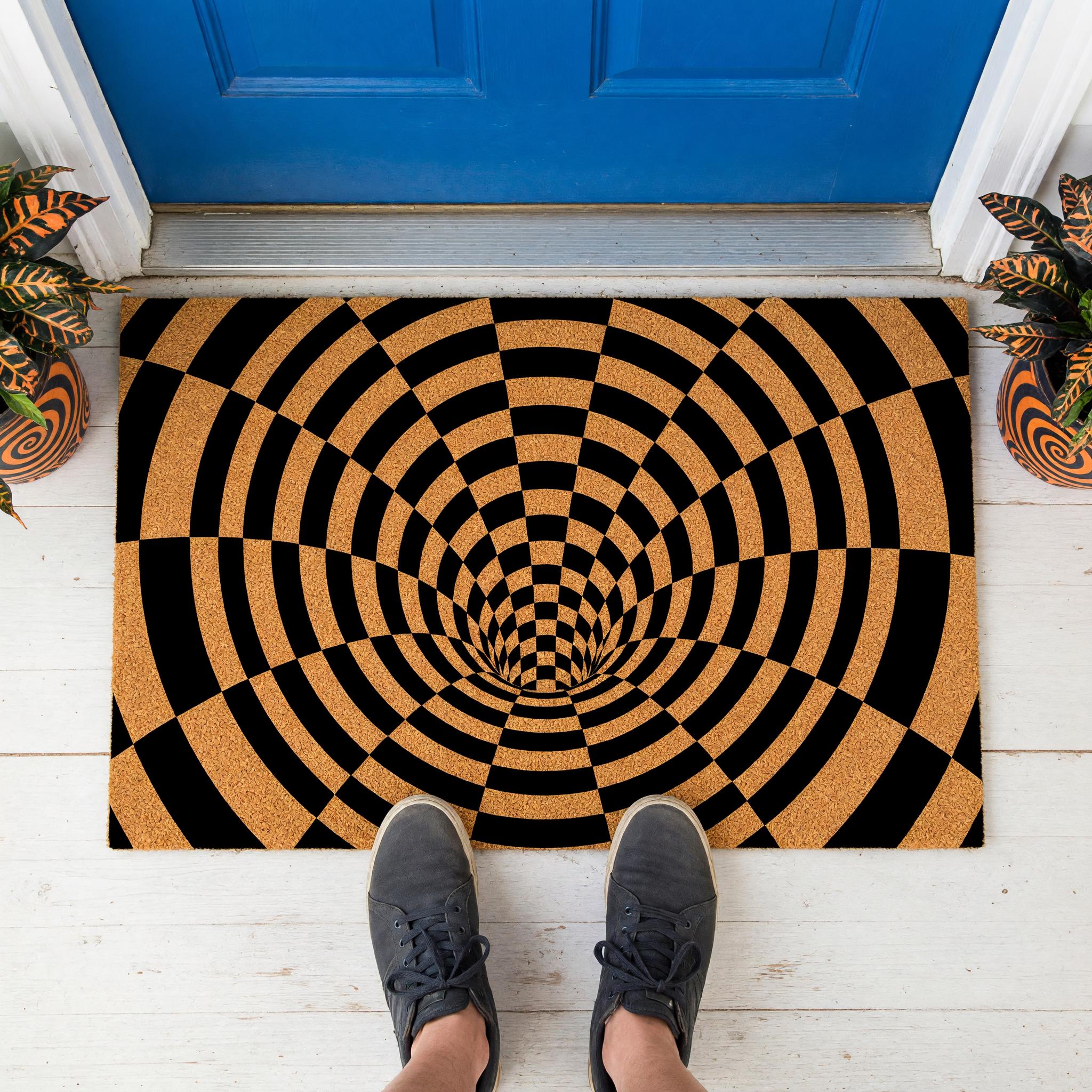 Optical Illusion Doormat, 3D Vortex Welcome, Checkered Tunnel Geometric Abstract Front Porch