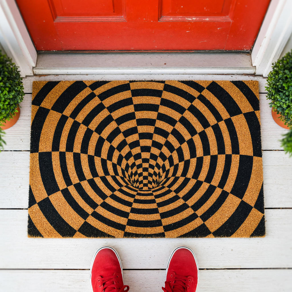 Optical Illusion Doormat, 3D Vortex Welcome, Checkered Tunnel Geometric Abstract Front Porch