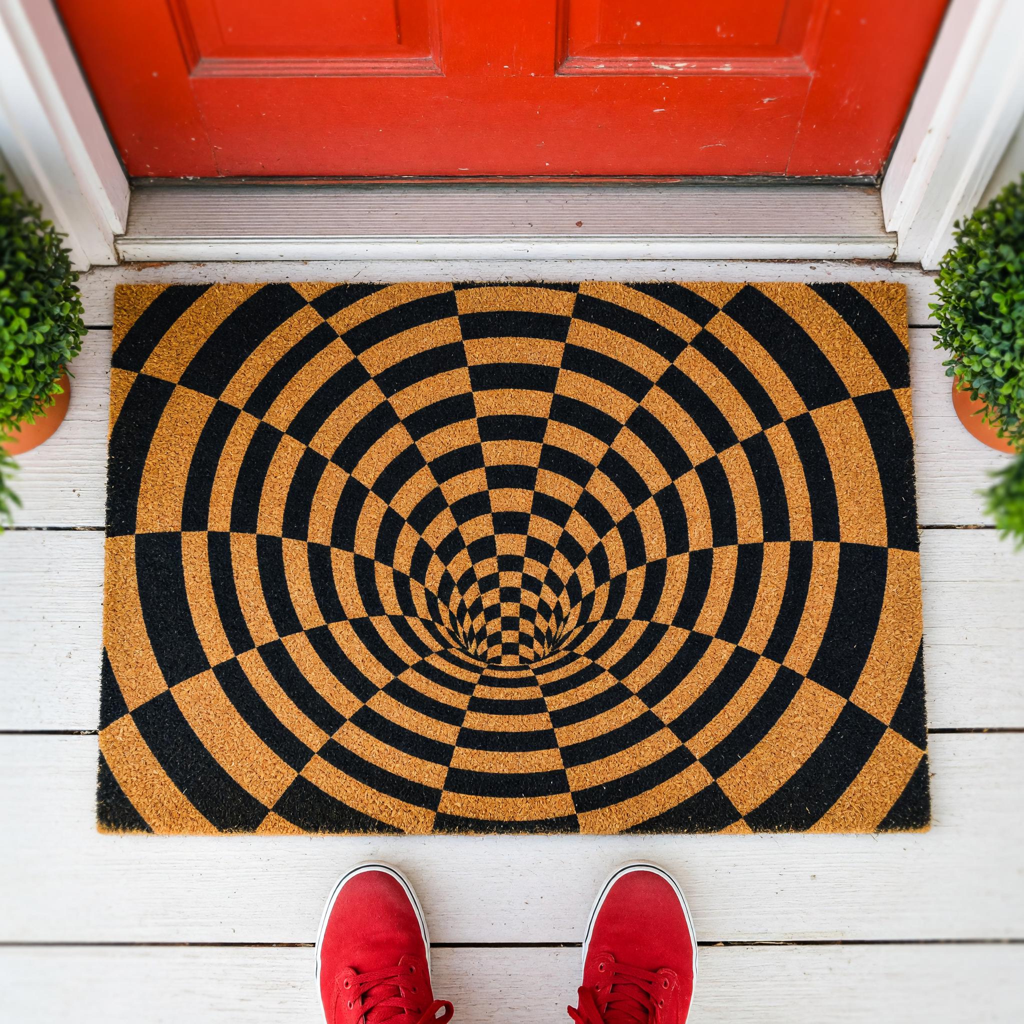 Optical Illusion Doormat, 3D Vortex Welcome, Checkered Tunnel Geometric Abstract Front Porch