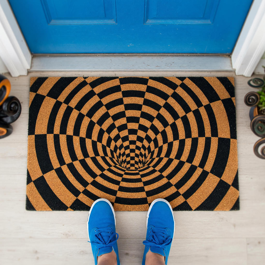 Optical Illusion Doormat, 3D Vortex Welcome, Checkered Tunnel Geometric Abstract Front Porch