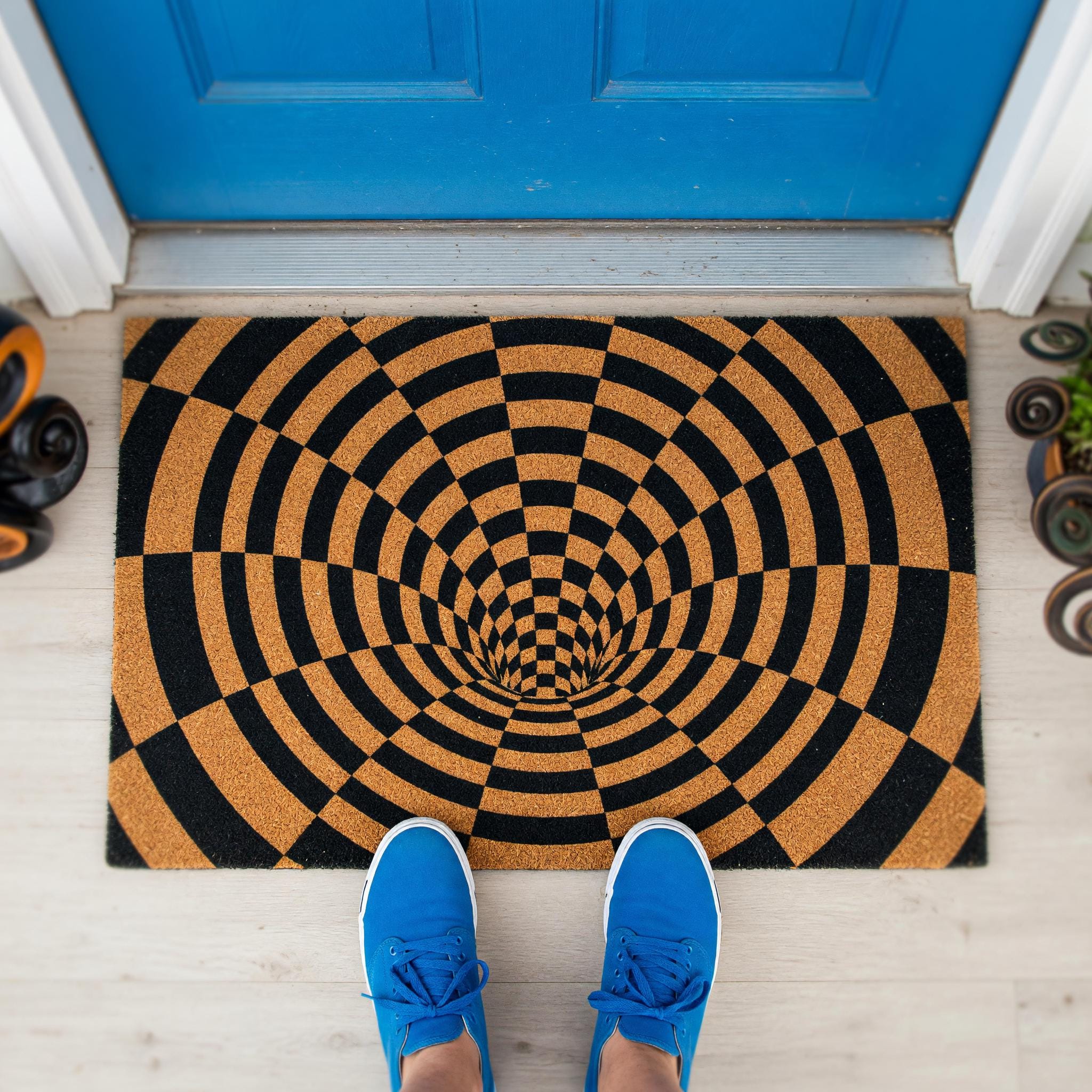 Optical Illusion Doormat, 3D Vortex Welcome, Checkered Tunnel Geometric Abstract Front Porch