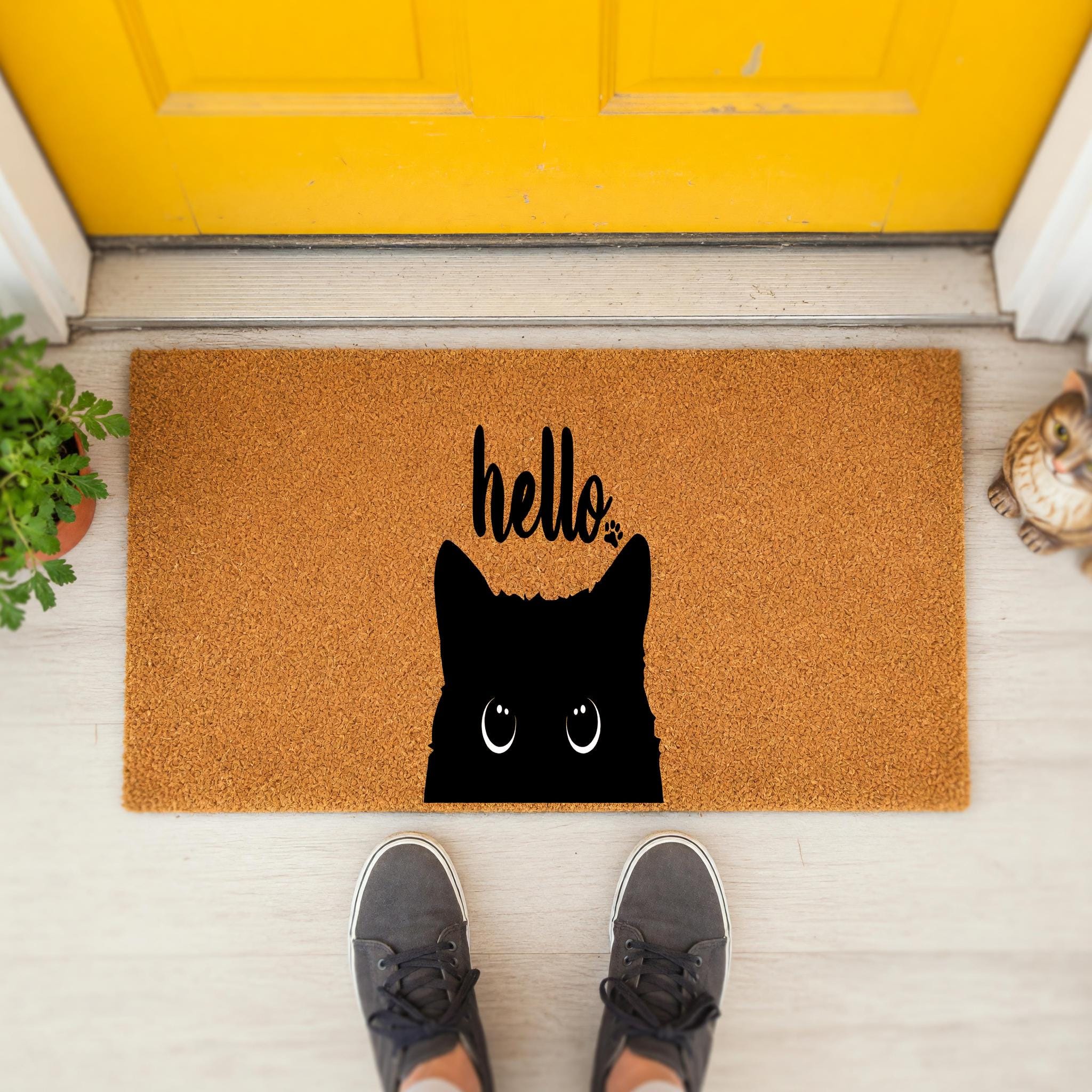 Hello Doormat, Housewarming Gift, Cat Owner Welcome Mat