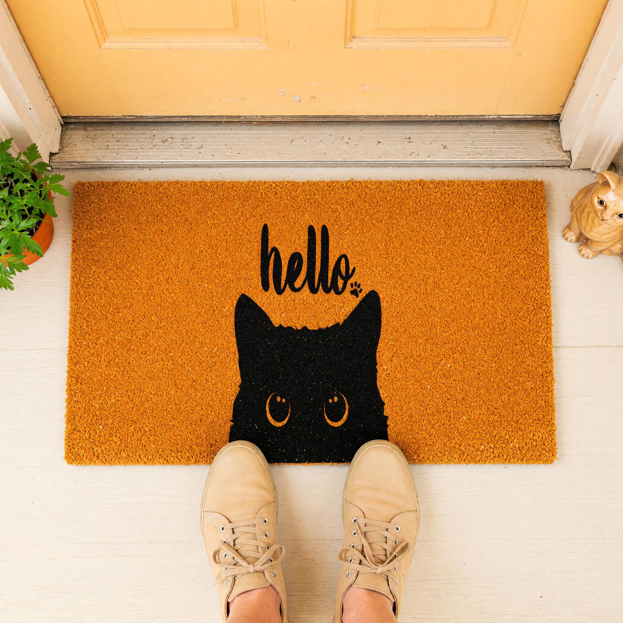 Hello Doormat, Housewarming Gift, Cat Owner Welcome Mat