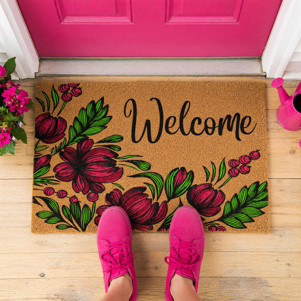 Welcome Doormat, Floral Front Porch Mat, Spring Housewarming Gift