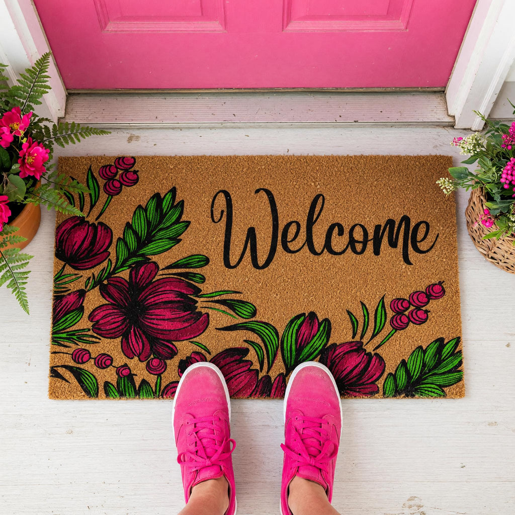 Welcome Doormat, Floral Front Porch Mat, Spring Housewarming Gift
