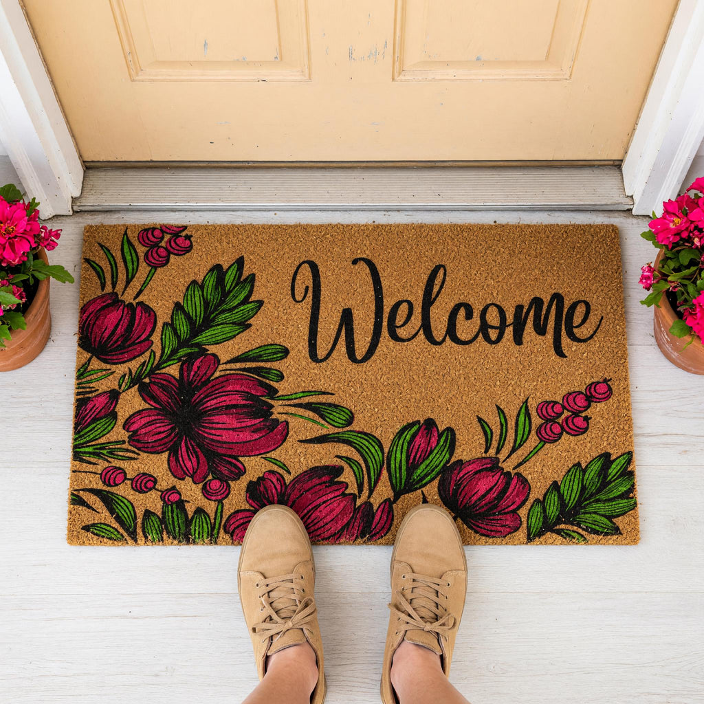 Welcome Doormat, Floral Front Porch Mat, Spring Housewarming Gift