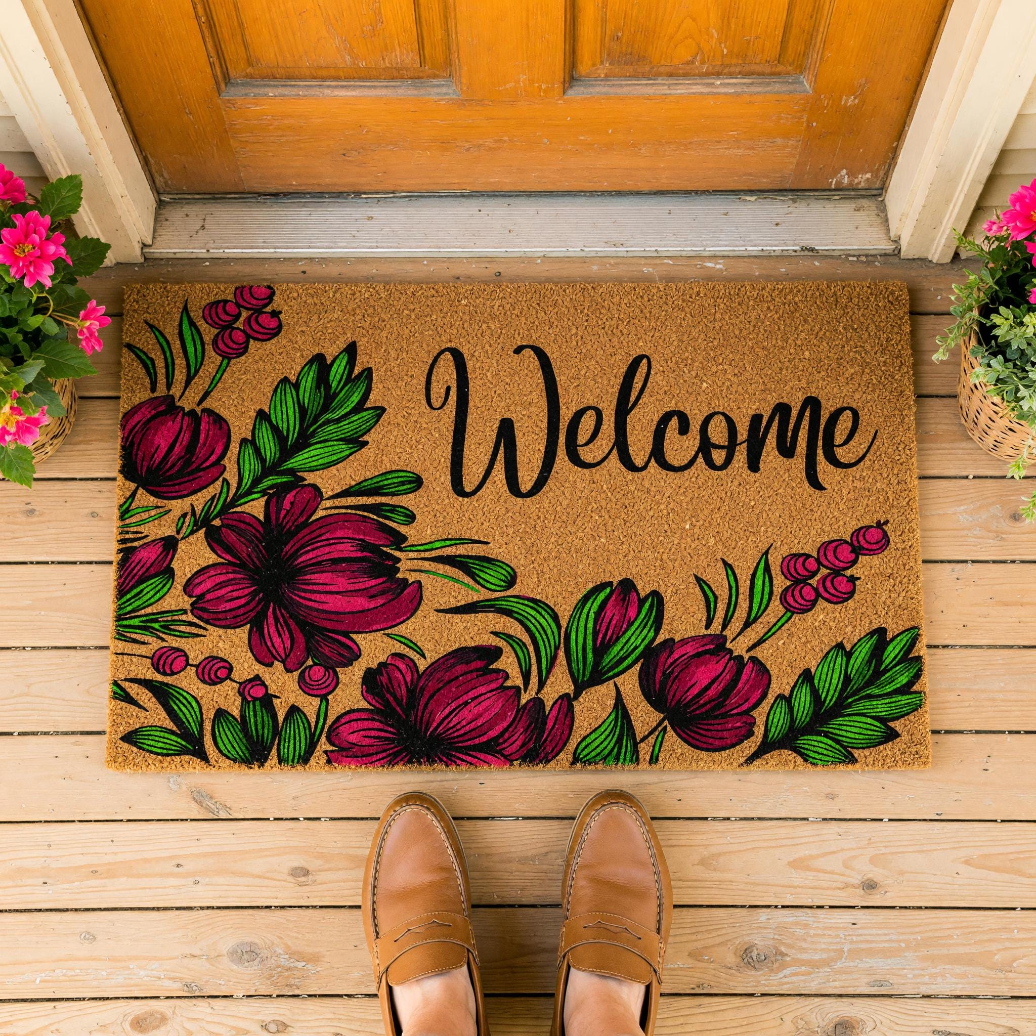 Welcome Doormat, Floral Front Porch Mat, Spring Housewarming Gift