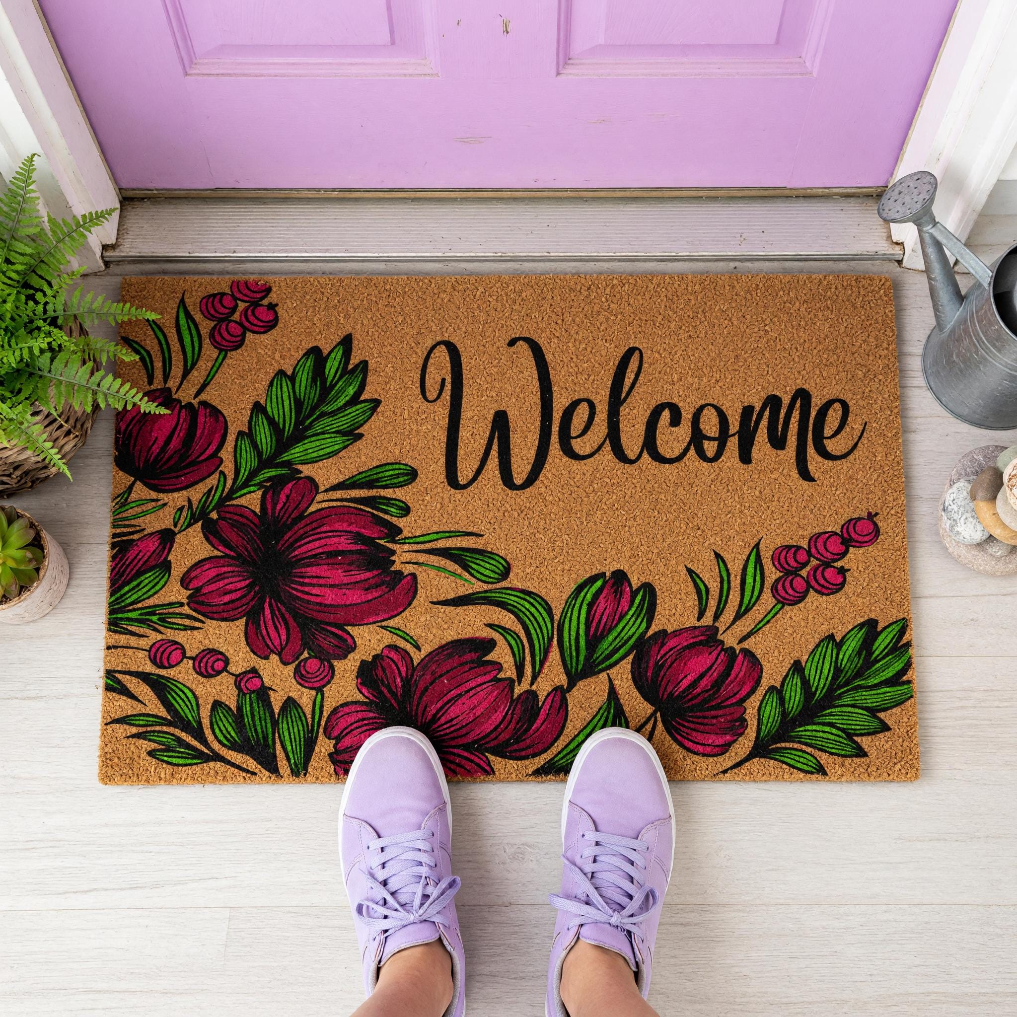 Welcome Doormat, Floral Front Porch Mat, Spring Housewarming Gift