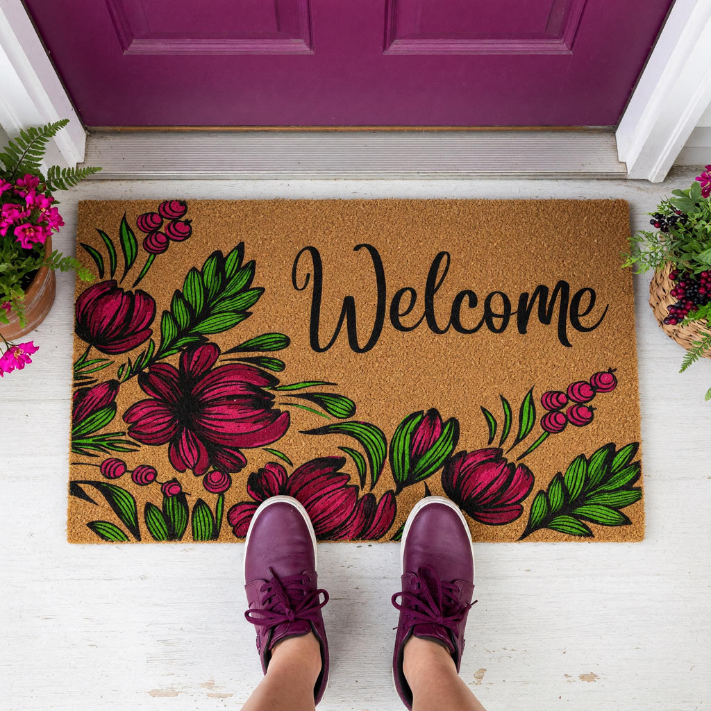 Welcome Doormat, Floral Front Porch Mat, Spring Housewarming Gift