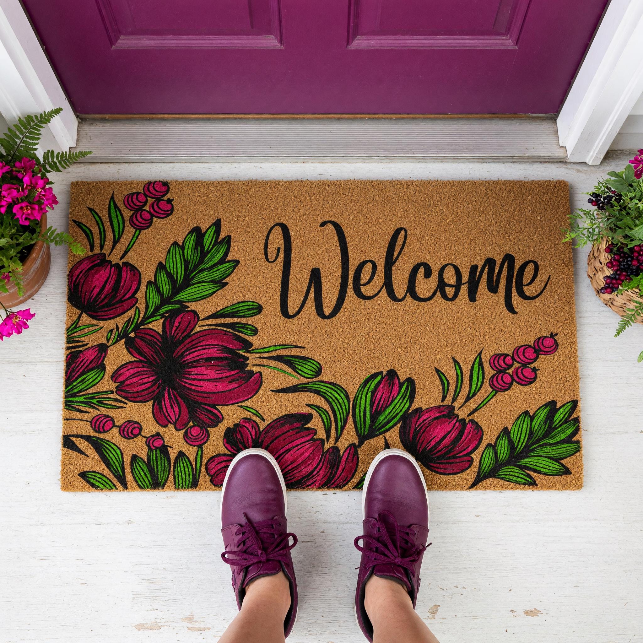 Welcome Doormat, Floral Front Porch Mat, Spring Housewarming Gift