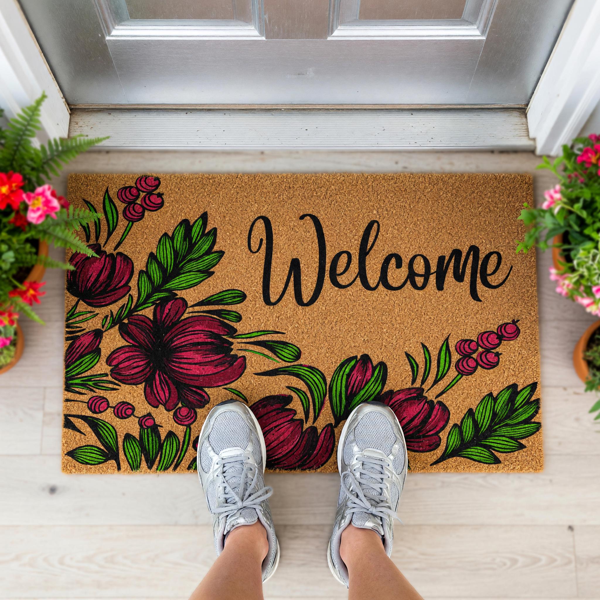 Welcome Doormat, Floral Front Porch Mat, Spring Housewarming Gift