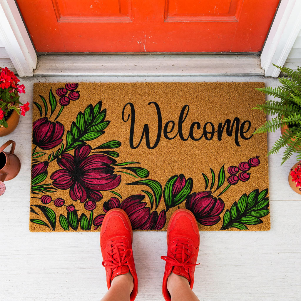 Welcome Doormat, Floral Front Porch Mat, Spring Housewarming Gift