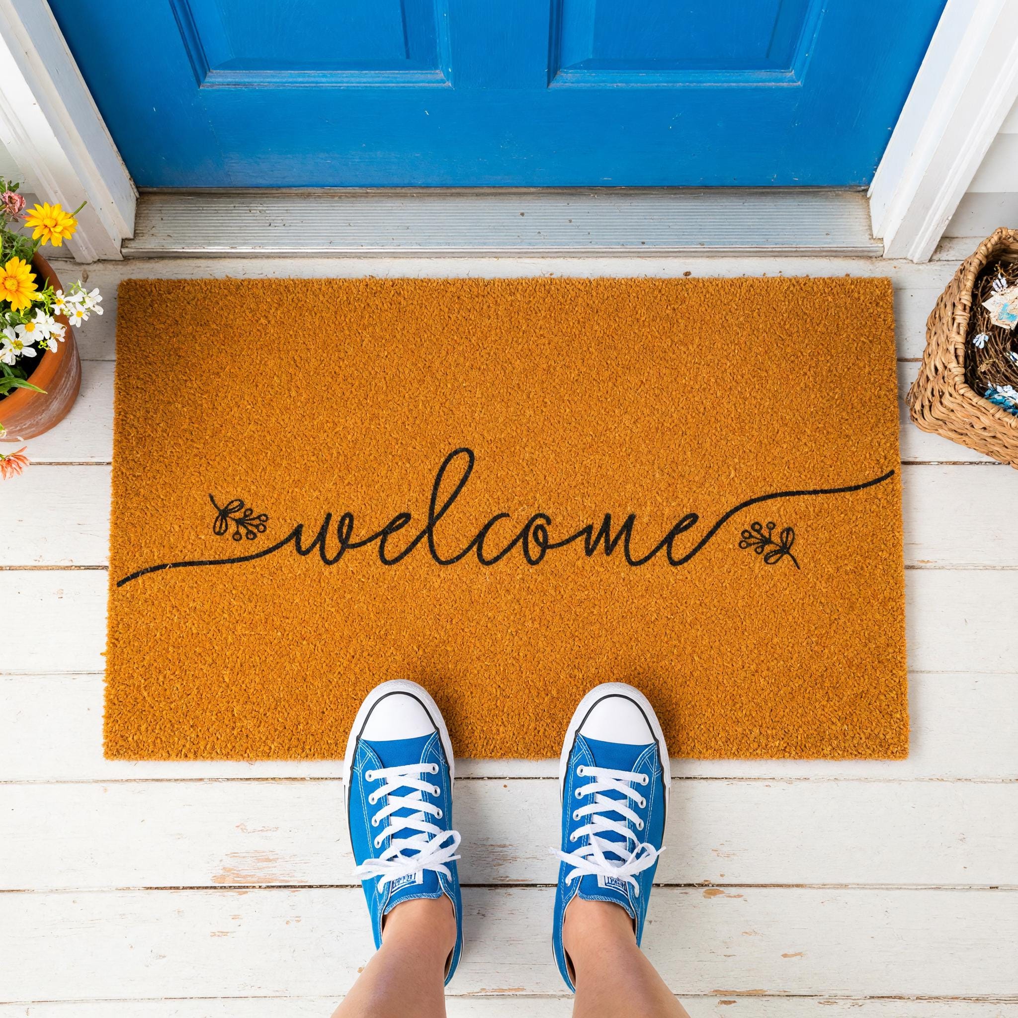 Welcome Doormat, Floral Front Porch Mat, New Home Gift, Closing Housewarming