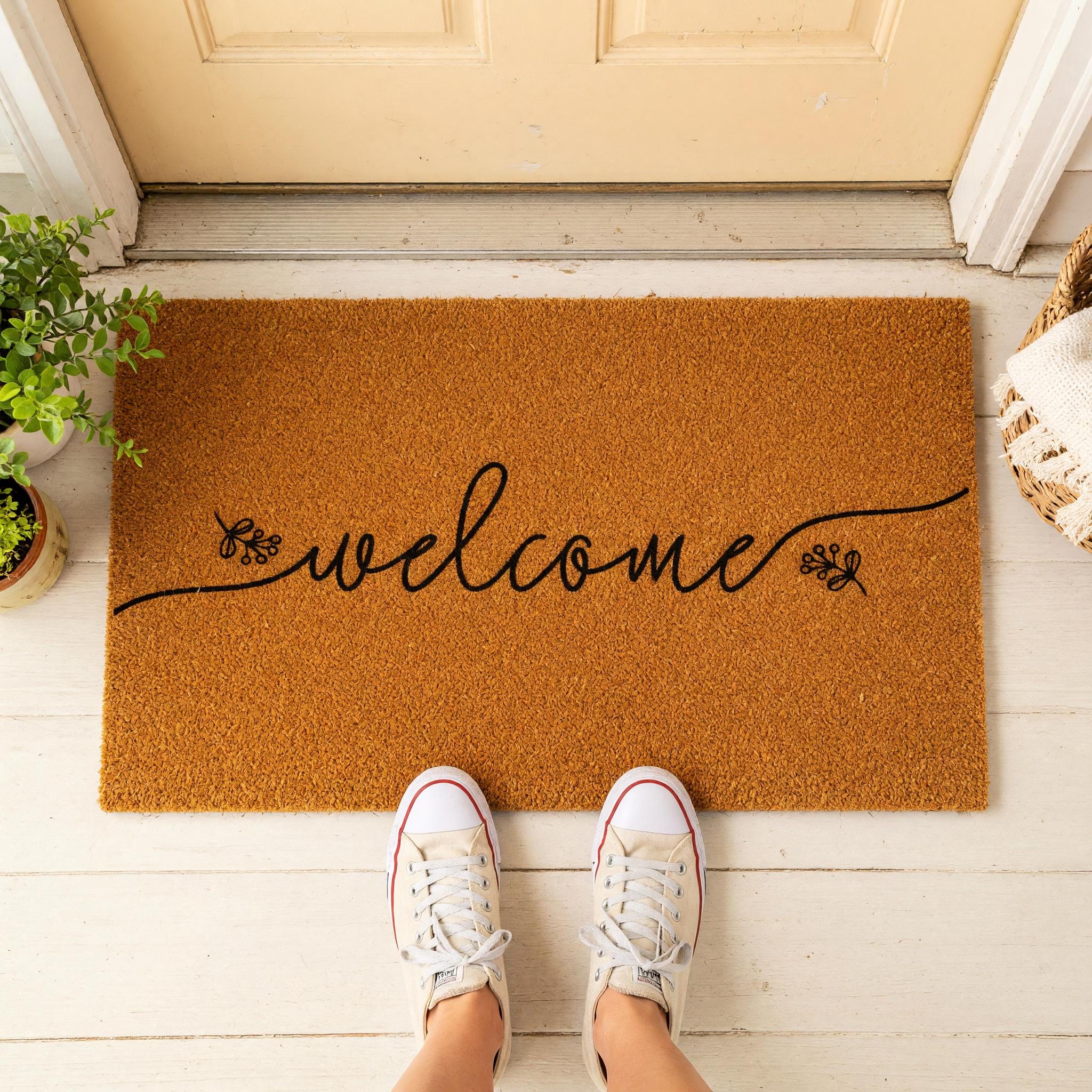 Welcome Doormat, Floral Front Porch Mat, New Home Gift, Closing Housewarming